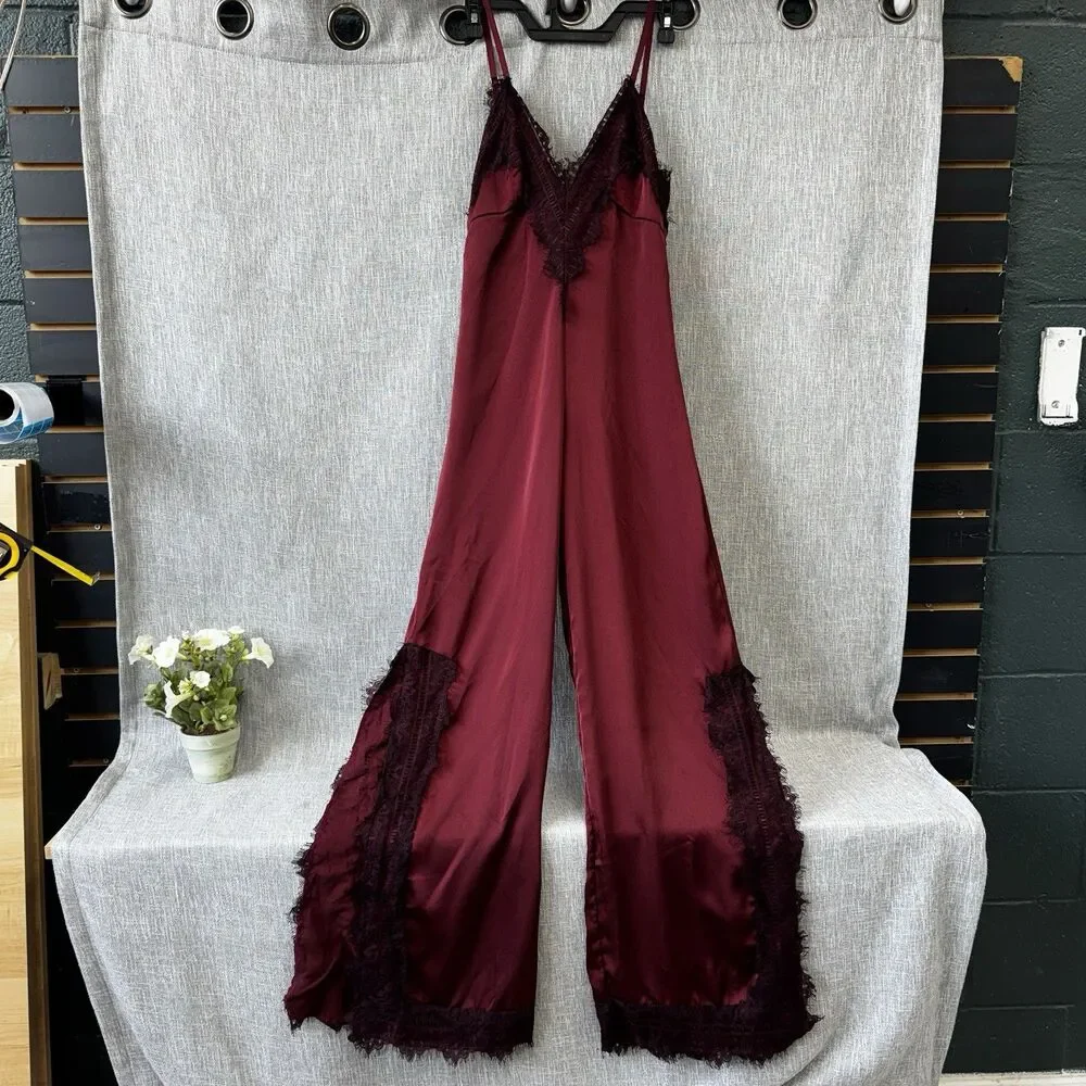 Nasty Gal Burgundy Satin Wide Leg Jumpsuit Lace Trim PTP 16 Open Back XXS Slit - Picture 2 of 16